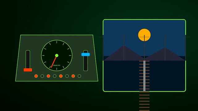 A digital operator interface display showing a speedometer and animated scenic landscape with moving night horizon lines in a simplified minimalist graphic style for simulation