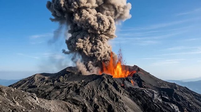 Volcanic eruption with smoke and lava spewing from the crater during daytime