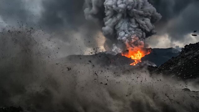 Volcanic eruption capturing ash plumes and molten lava flowing down the mountainside