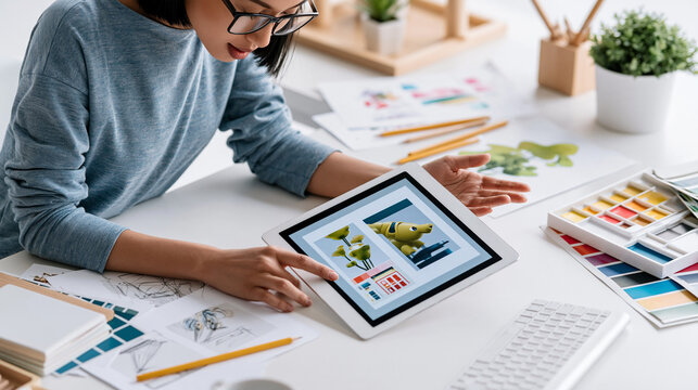 female illustrator using generative AI image tools on tablet, creative desk with sketches and color palette, realistic stock photo