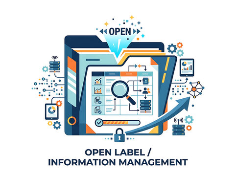 Open label concept for information management and data organization featuring digital icons digital search file management business analytics data processing