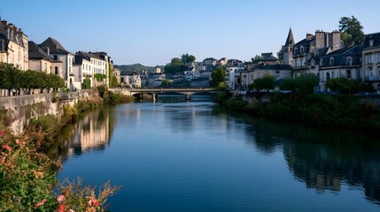 Fototapeta premium A serene river flows through a charming European town with historic buildings and a stone bridge under clear blue skies