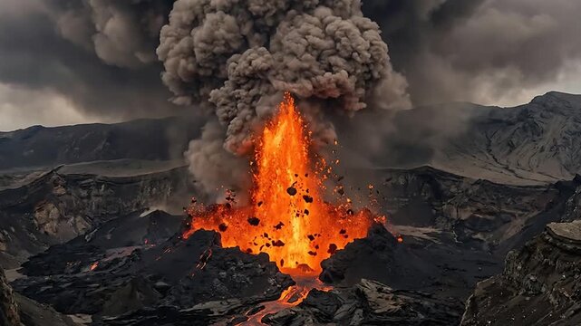 Volcanic eruption with cascading lava and ash clouds under stormy skies