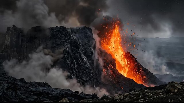 Volcanic eruption with fiery lava flowing from a rugged mountain amidst dark stormy clouds creating an intense natural spectacle