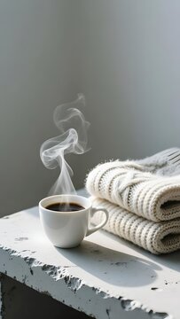 Steaming hot coffee cup on stone table, cozy winter morning with knitted sweater, minimalist aesthetic breakfast scene