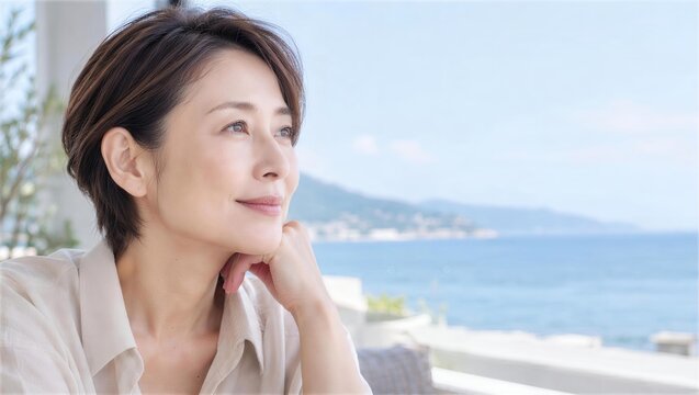 海の見えるテラスで遠くを眺める50代女性