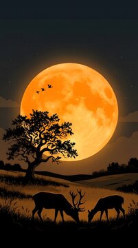 Silhouette of deer and trees against a vibrant orange moon and starry night sky
