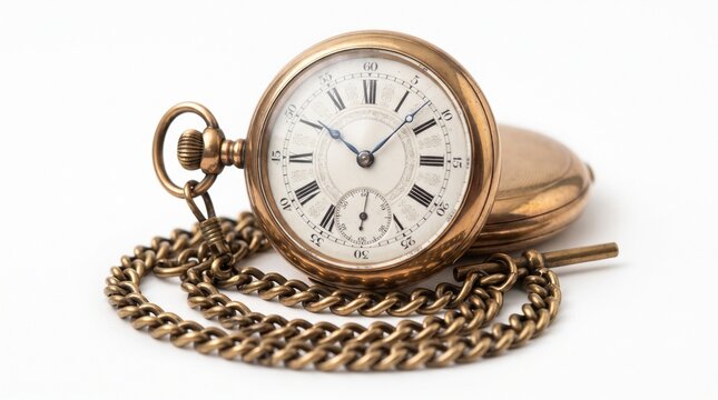 Vintage gold pocket watch with chain, antique brass timepiece on white background, classic mechanical watch with roman numerals and elegant metal texture