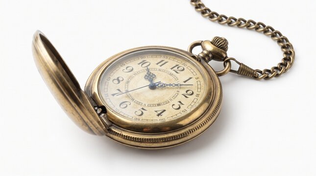 Vintage brass pocket watch with open cover and chain, antique gold timepiece on white background, classic analog clock for history and heritage concepts