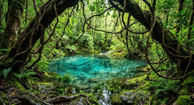 Pristine turquoise spring in a lush rainforest framed by ancient vines and mossy roots, creating a serene hidden paradise and mystical natural landscape.
