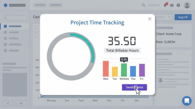 digital project time tracking interface window displaying billable hours on a circular progress chart set against a blurred business management software dashboard with analytics and navigation menus