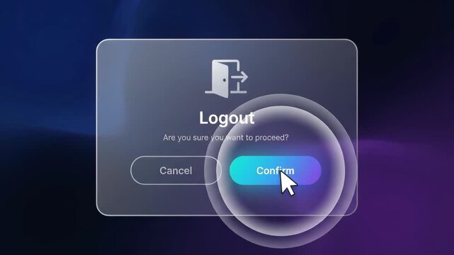 logout confirmation dialog box displayed on a digital interface screen with a cursor clicking the confirm button against a blurred dark blue and purple gradient background
