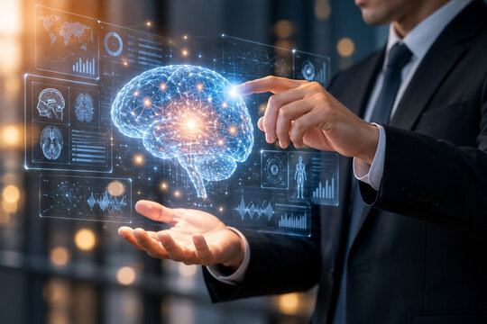 AI generated business professional interacting glowing holographic brain digital data panels representing artificial intelligence neuroscience analytics future innovation