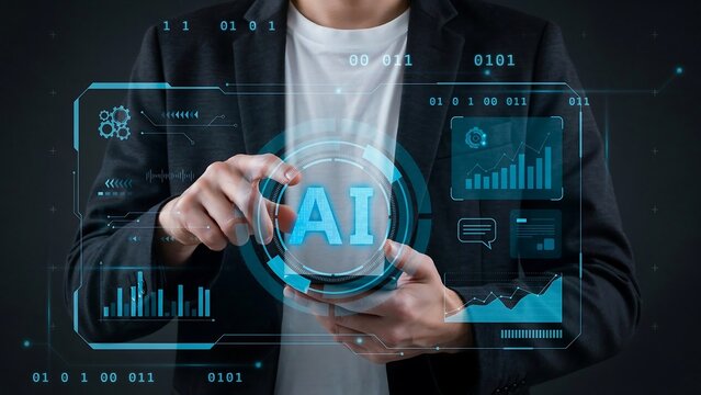 Professional businessman interacting with advanced artificial intelligence data interface for corporate digital transformation strategy