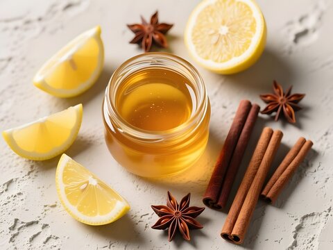 Natural honey in glass jar with lemon slices and cinnamon sticks, organic liquid honey with star anise on stone background, healthy wellness ingredients
