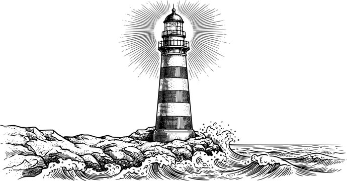 A vintage-style engraved of a striped lighthouse standing on rocky shores with crashing ocean waves