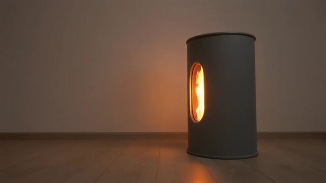 Low floor level view of a kerosene room heater with warm light on a wooden floor