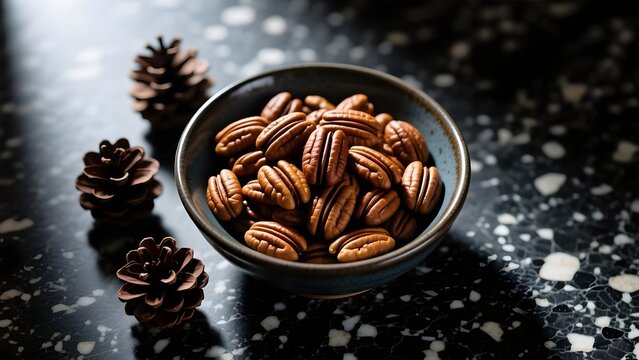 Roasted pecan nuts in ceramic bowl, organic shelled pecans on dark terrazzo background, rustic winter snack with pine cones and moody lighting