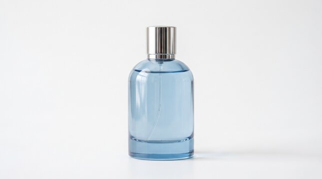 Minimalist blue perfume bottle with silver cap, elegant glass fragrance container, luxury men cologne spray on white background