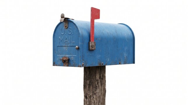 Vintage blue mailbox with red flag on wooden post, weathered metal US mail box isolated on white, rustic postal service equipment