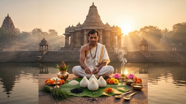 Pitru Paksha Pind Daan Ritual with Ancient Temple Background