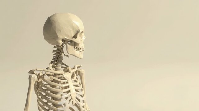 A low-poly 3D animation of a human skeleton torso and skull rotating against a neutral background.