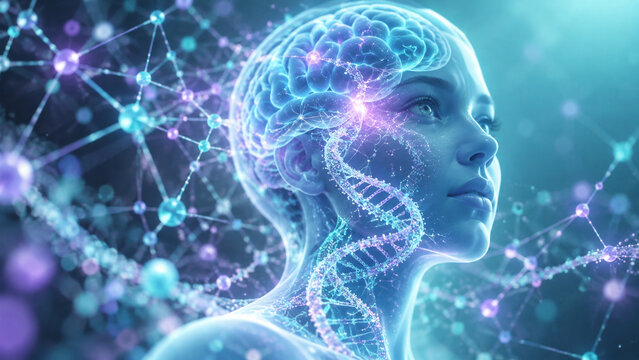 AI generated luminous human profile visible brain DNA helix molecular network illustrating genetics neuroscience biotechnology cognitive research