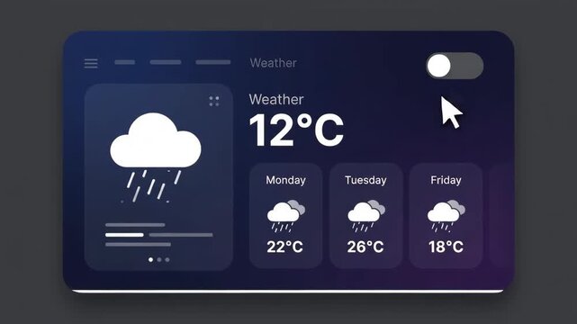 digital weather application interface showing a cursor hovering over temperature readings with a rain forecast displayed against a dark minimalist background on a computer screen