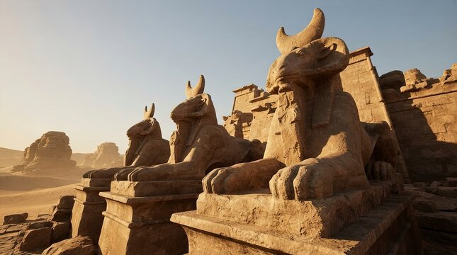 Avenue of ram-headed sphinxes at ancient Egyptian temple