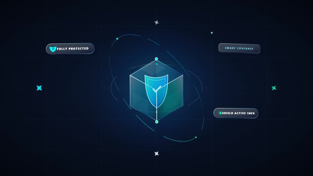 Digital cyber security shield rotating around a transparent cube on dark grid background