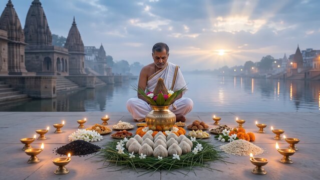 Pitru Paksha Ancestral Offering with Diyas at Sacred River