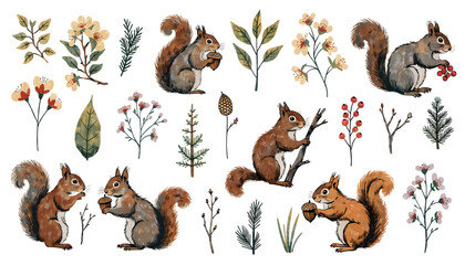 Fototapeta premium Woodland squirrels and botanical autumn elements set. Forest wildlife and nature foraging concept. Cute red squirrels holding acorns and climbing branches among leaves and flowers