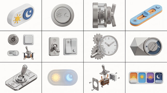 Light dimmer switch controls with sun and moon icons during day and night isolated on white background
