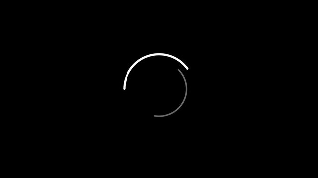 Loading spinner animation with rotating white and grey circles on black background, digital interface element for website buffering, minimal motion graphics video clip for UI design