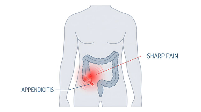 Diagram illustrating appendicitis pain and inflammation in abdomen