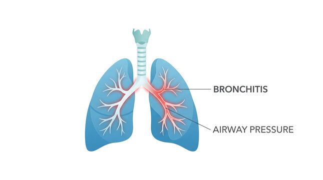 Medical illustration of human lungs highlighting bronchitis and airway pressure