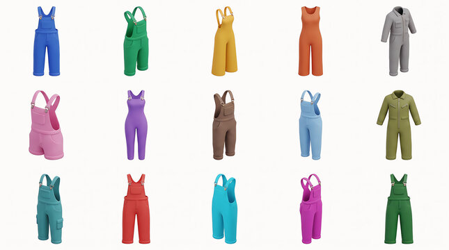 Assorted colorful overalls and jumpsuits arranged in rows isolated on white background