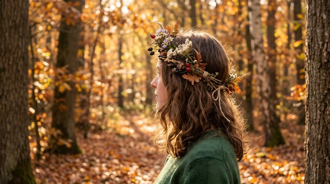 A side profile portrait of a woman in an intricate autumn flower crown, standing peacefully in a beautiful, sunlit fall forest with golden foliage.