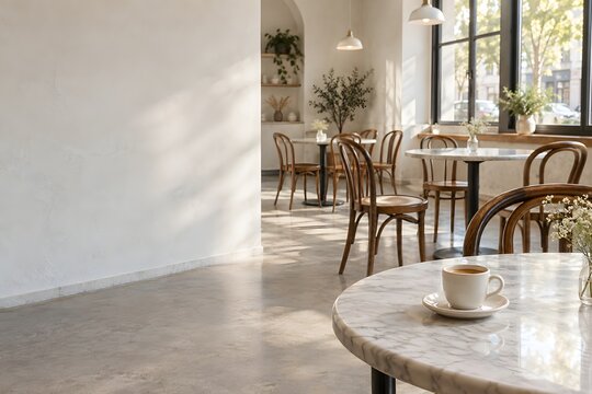 Einzelne Kaffeetasse auf einem Marmortisch im hellen leeren Caf&eacute;