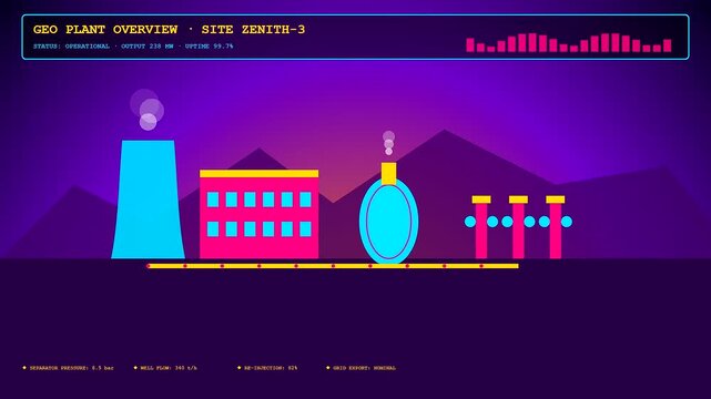 A digital graphic of geothermal drilling operations showing plant performance stats on a monitor with flat vector design elements in a purple sunset color theme