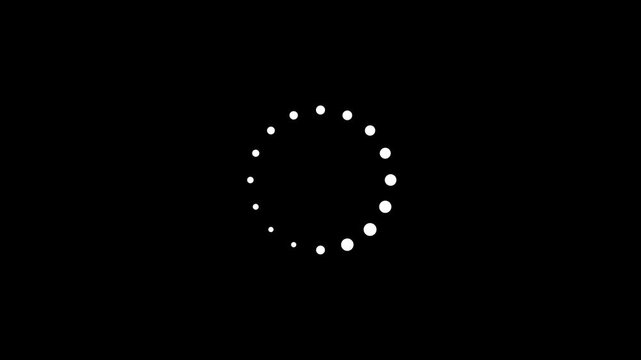Loading animation circle with white rotating dots on black background digital motion footage showing process progress status indicator for software interface design and web development projects