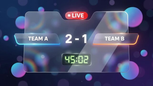 live sports scoreboard graphic featuring team a versus team b with a two-to-one score displayed on a frosted glass panel against a dark glowing bokeh background with vibrant colorful light orbs