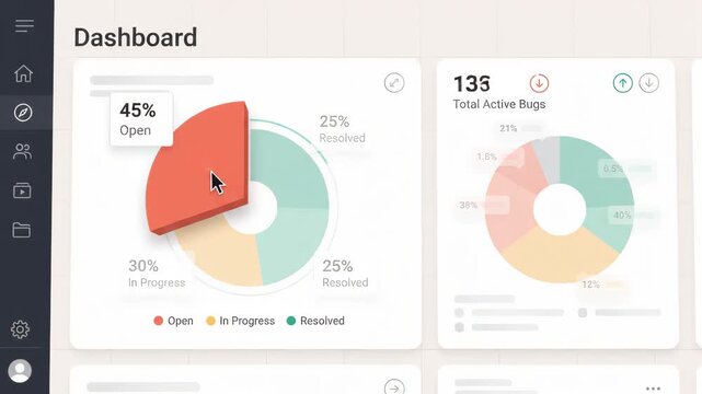 digital interface dashboard displaying interactive pie chart data analytics and performance metrics with a dark sidebar navigation menu on a clean minimalist light background for software development