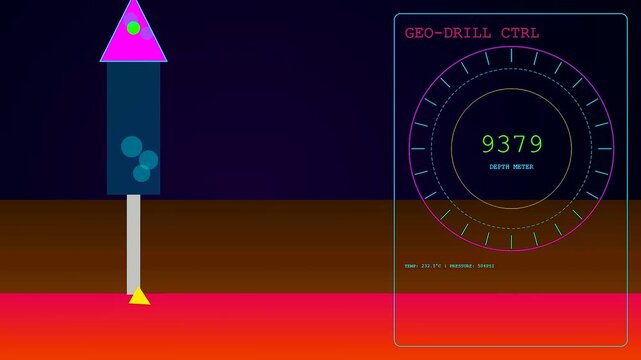 Digital displays monitor the process of geothermal drilling as numeric data points fluctuate while glowing interface elements track deep earth heat levels in real time