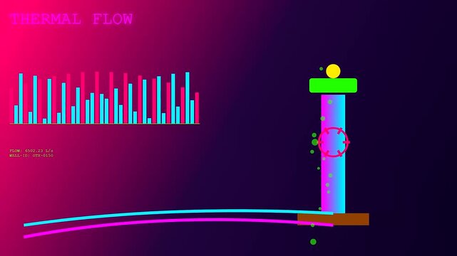 Digital data displays showing geothermal drilling energy extraction monitoring systems with abstract animated bar charts and flowing light particles in a futuristic dark neon environment