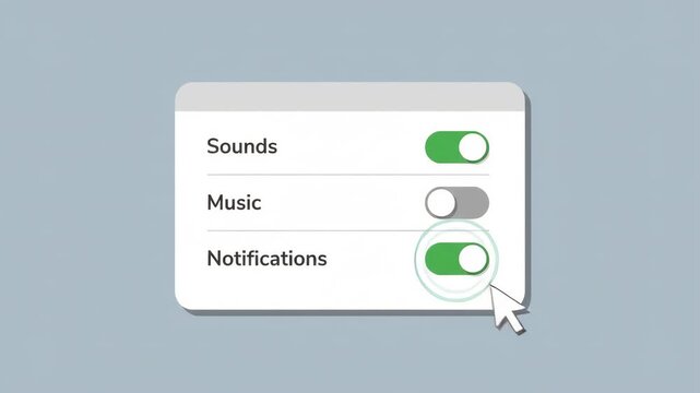 mouse cursor clicking to enable the sounds toggle button within a digital interface settings menu against a solid grey background