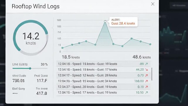 digital wind speed monitoring dashboard interface displays a peak gust alert spike on a line graph with blurred weather data logs visible in the dark background of the software application