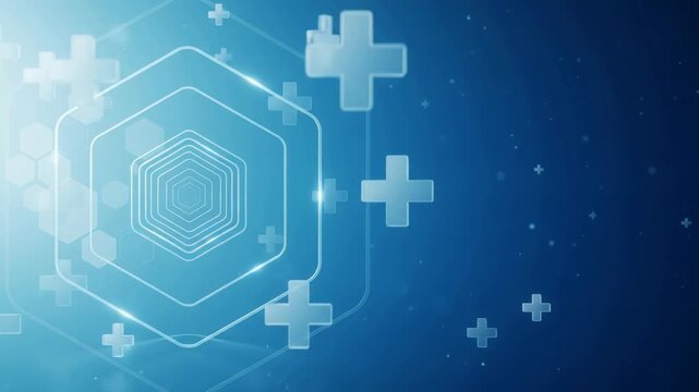 Abstract digital medical background featuring glowing crosses and hexagonal shapes on a deep blue gradient for healthcare and science concepts.