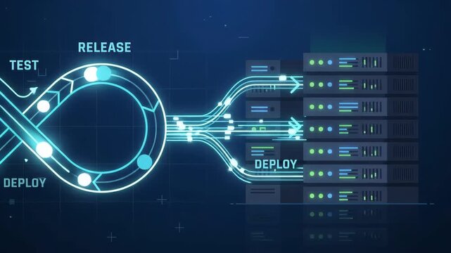 digital glowing infinity loop representing software development cycles featuring build test and deploy stages against a high-tech data interface background with grid lines and system metrics