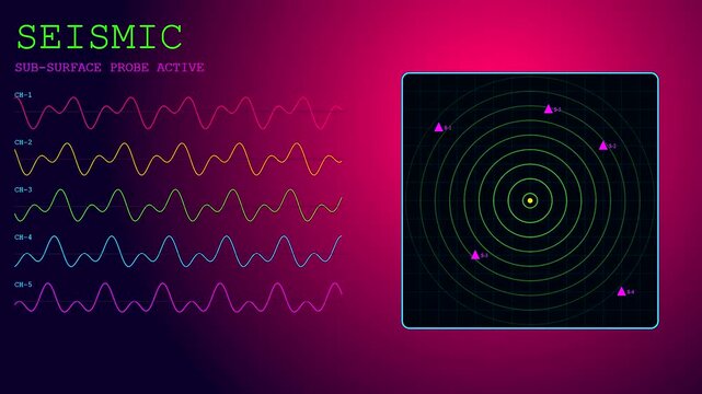 A digital screen showing geothermal drilling seismic waves and radar pulses with moving triangular probes reflecting energy data across a dark vibrant magenta purple light field
